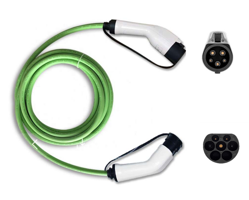 Cable de carga tipo 2 EV / PHEV - 16 o 32 amperios - Verde o negro - Monofásico de 3, 5, 7,5 o 10 metros