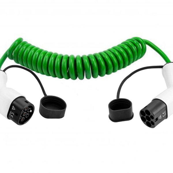 Mode 3 Coiled EV Cable, Type 1 or Type 2, 32 amp-Green