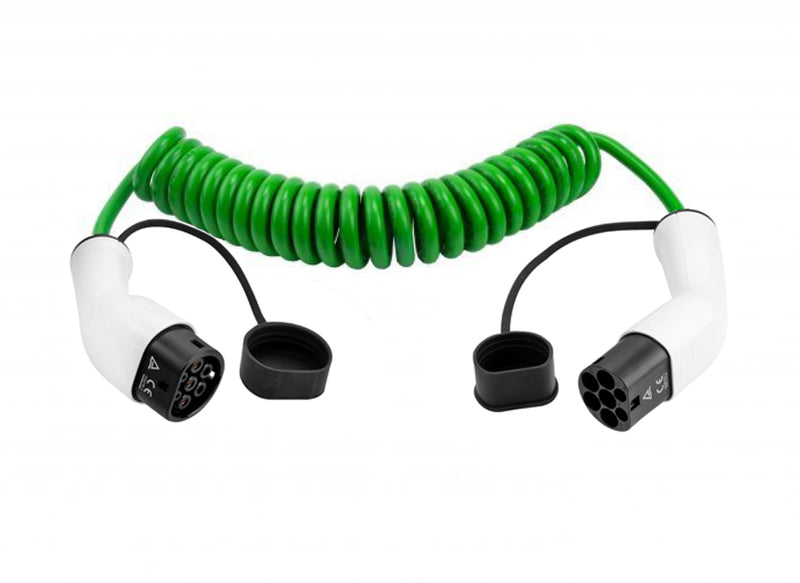 Cable de carga en espiral tipo 2 EV / PHEV - 16 o 32 amperios - Verde o negro -3, 5 o 7,5 metros monofásico
