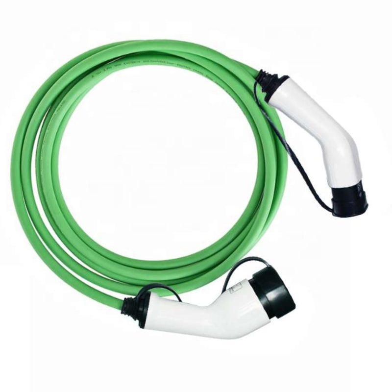 Cable carga VE espiral vehículos eléctricos, de 11 kw,16A trifásico tipo 2.  Cable de 5 m color verde.